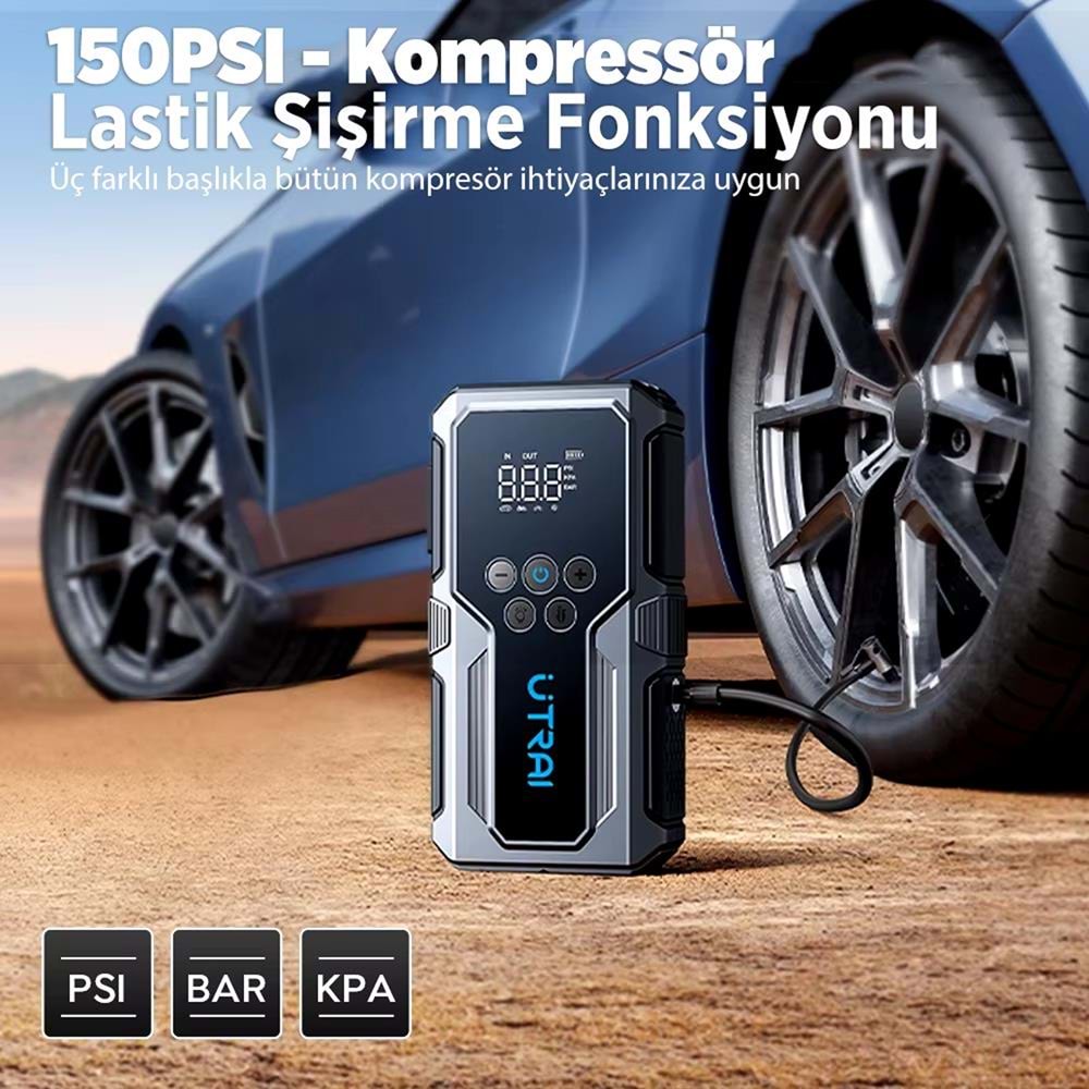 UTRAI JSTAR JS-9 15000mAh 1500A Araç Akü Takviye Cihazı Hava Kompresörlü Powerbank - Gri