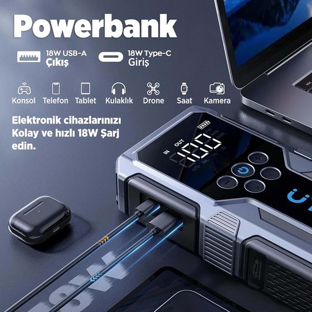 UTRAI JSTAR JS-9 15000mAh 1500A Araç Akü Takviye Cihazı Hava Kompresörlü Powerbank - Gri
