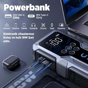 UTRAI JSTAR JS-9 15000mAh 1500A Araç Akü Takviye Cihazı Hava Kompresörlü Powerbank - Gri