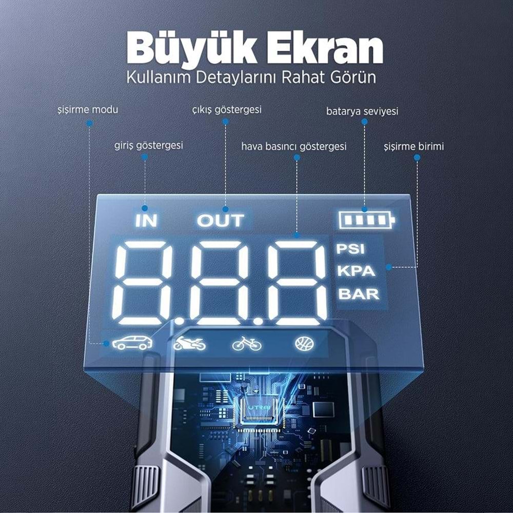 UTRAI JSTAR JS-9 15000mAh 1500A Araç Akü Takviye Cihazı Hava Kompresörlü Powerbank - Gri