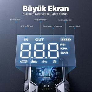 UTRAI JSTAR JS-9 15000mAh 1500A Araç Akü Takviye Cihazı Hava Kompresörlü Powerbank - Gri