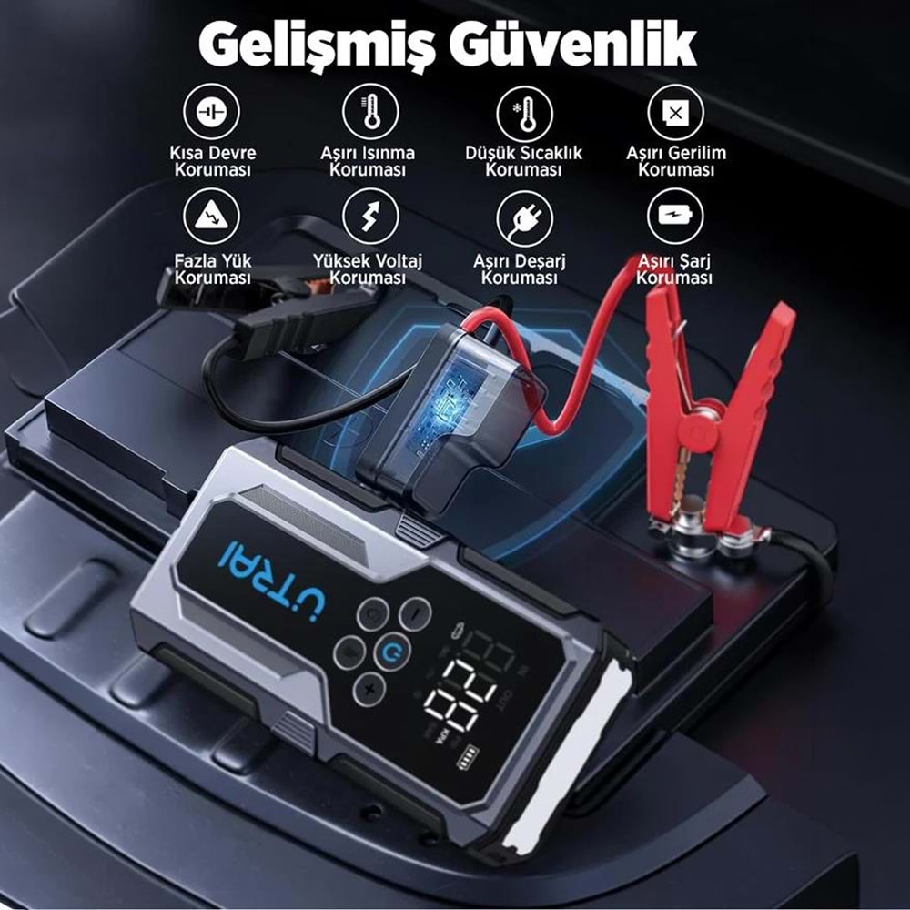 UTRAI JSTAR JS-9 15000mAh 1500A Araç Akü Takviye Cihazı Hava Kompresörlü Powerbank - Gri