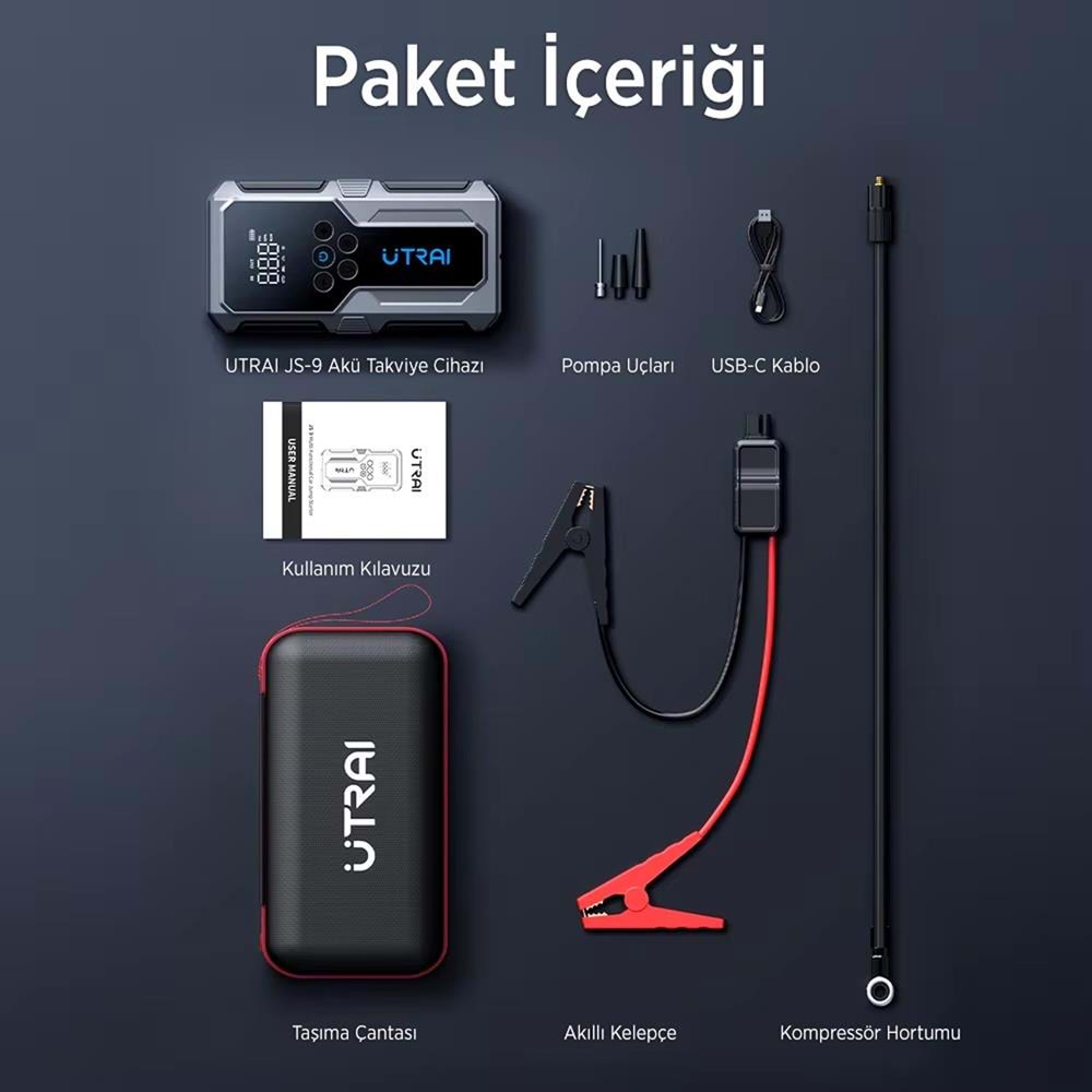 UTRAI JSTAR JS-9 15000mAh 1500A Araç Akü Takviye Cihazı Hava Kompresörlü Powerbank - Gri