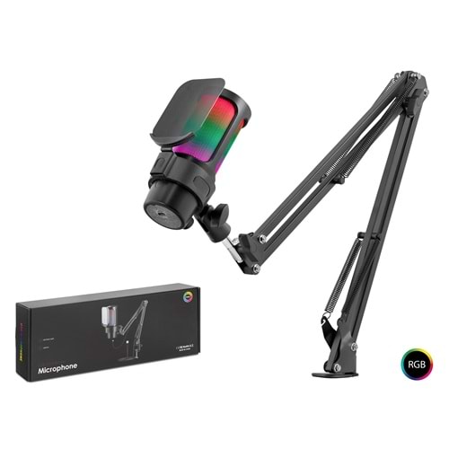 HADRON M835B Profesyonel Ayarlanabilir Masa Kolu Askılı Gaming RGB Mikrofon 192 kHz / 24 Bit Type-C - Siyah