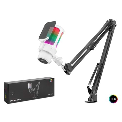 HADRON M835W Profesyonel Ayarlanabilir Masa Kolu Askılı Gaming RGB Mikrofon 192 kHz / 24Bit Type-C - Beyaz