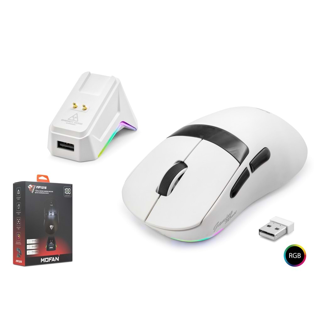 MOFAN MF1216W Kablosuz Gaming RGB Mouse Şarj Standlı - Beyaz