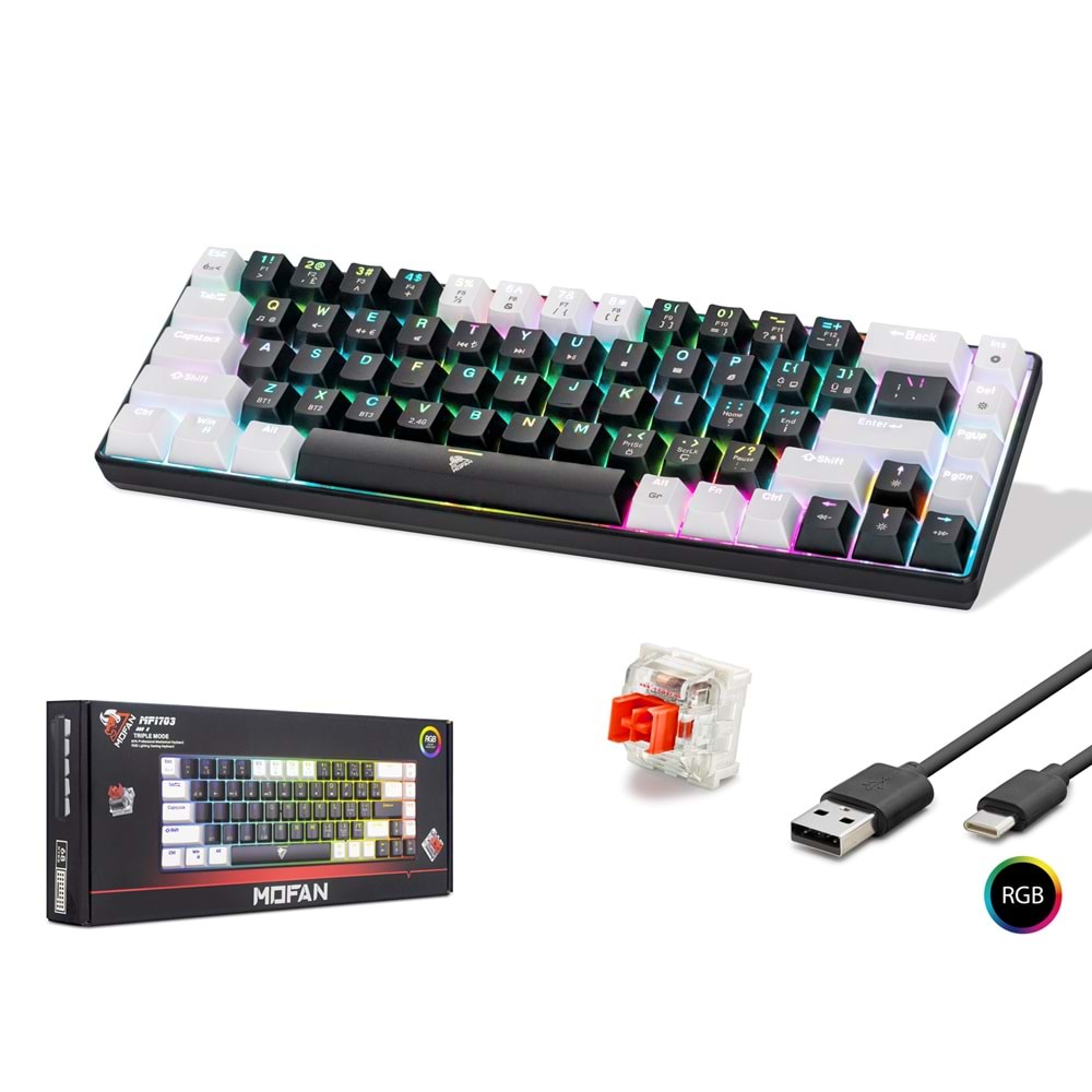 MOFAN MF1703B Gaming Mekanik Klavye TRI Mod RGB Red Switch - Siyah Beyaz