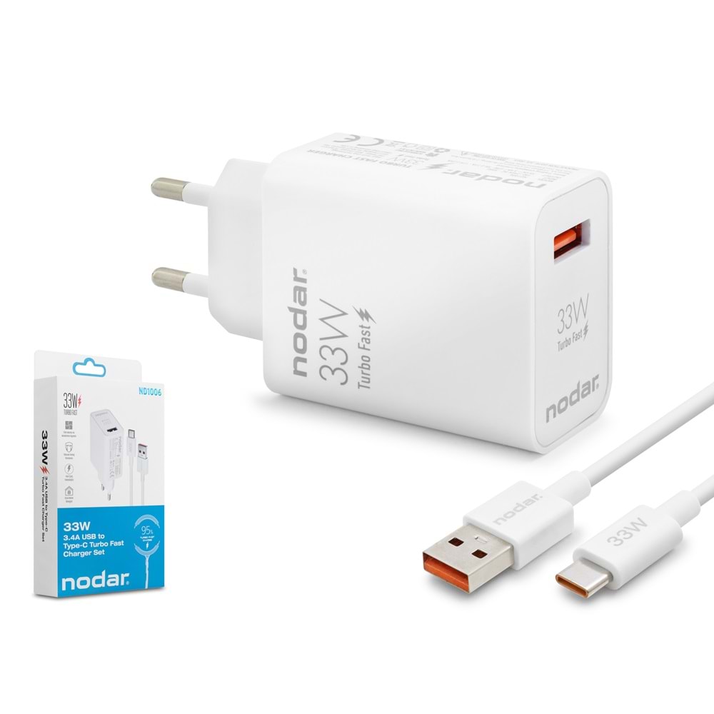 NODAR ND1006 Type-C Hızlı Şarj Seti 33W USB Adaptörlü - Beyaz