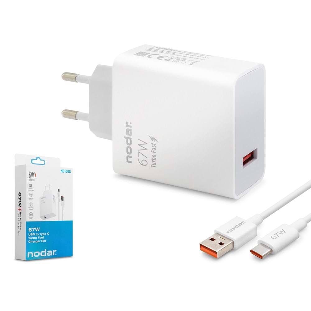 NODAR ND1008 Type-C Hızlı Şarj Seti 67W USB Adaptörlü - Beyaz