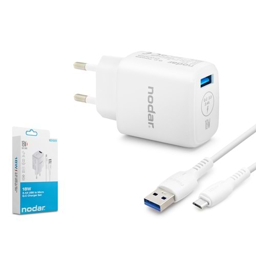 NODAR ND1009 Micro USB QC 3.0 Hızlı Şarj Seti 18W 3.4A USB Adaptörlü - Beyaz