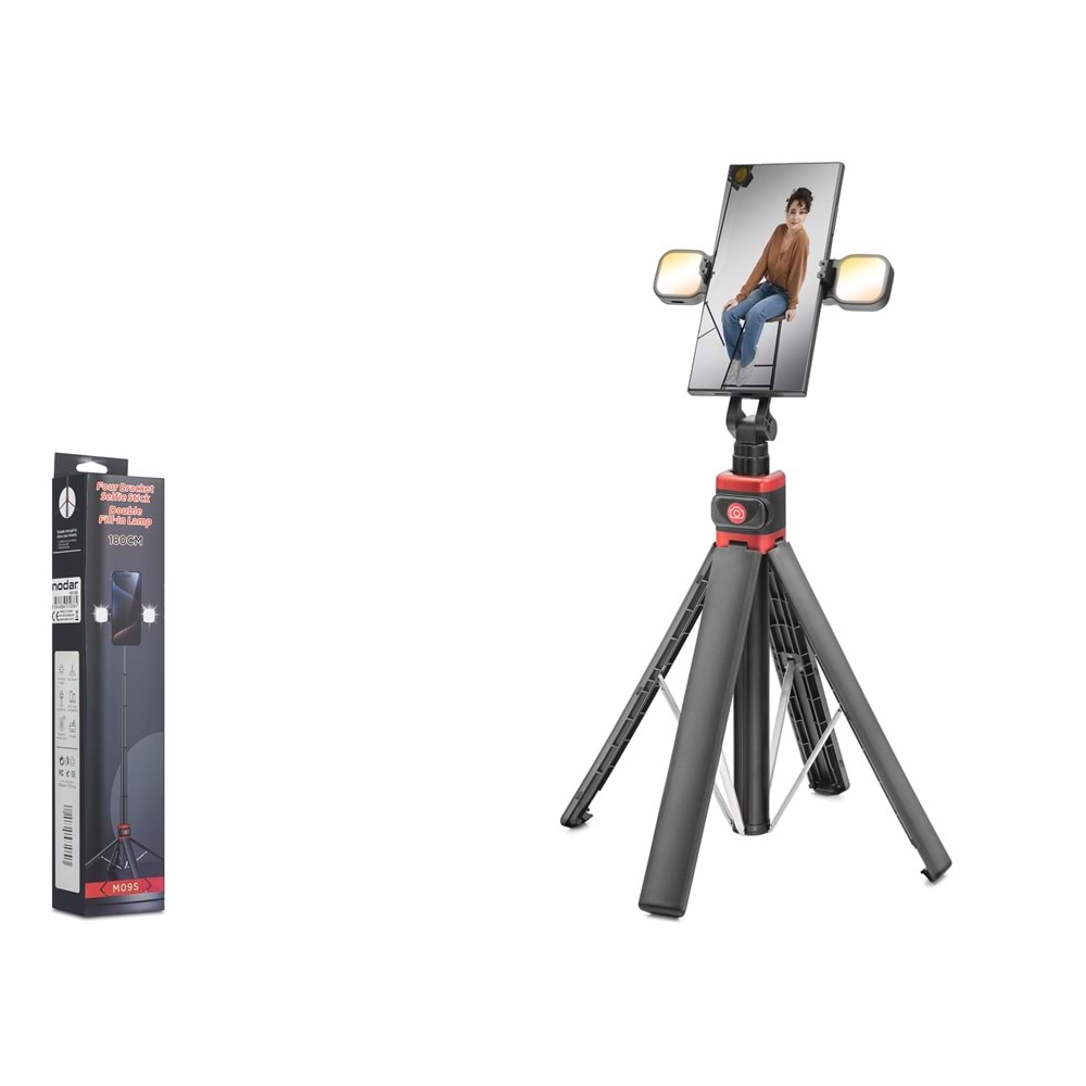 NODAR ND1036 Telefon Tripodu ve Selfie Çubuğu Seti Bluetooth 4.0 Kumandalı LED 180 cm - Siyah