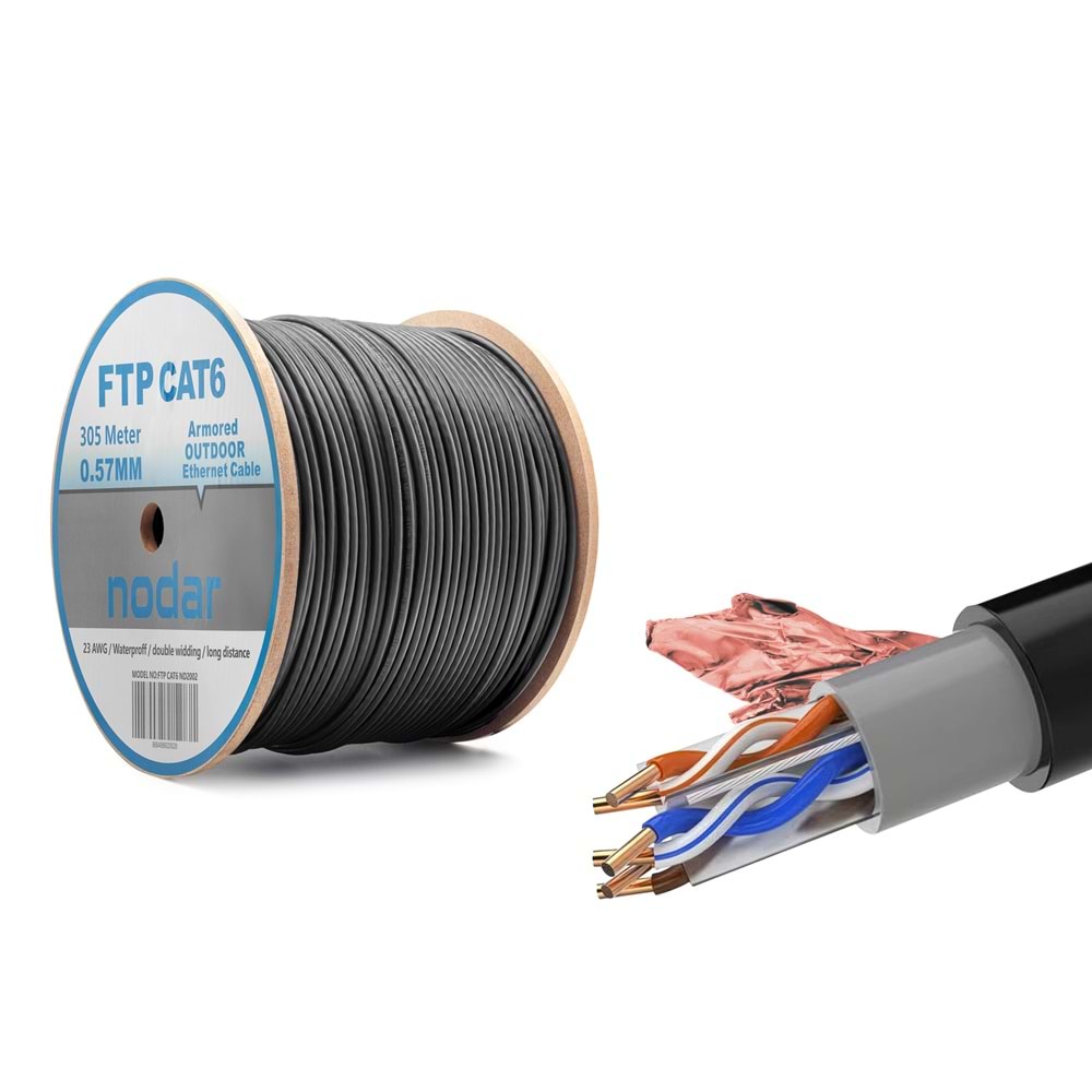 NODAR ND2002 Cat6 FTP Dış Mekan Ethernet Kablo 23 AWG 0.57 mm CCA 305 m - Siyah