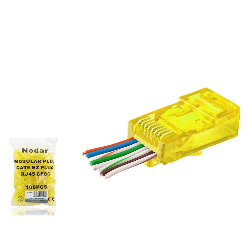 NODAR ND2408 CAT6 EZ RJ45 Konnektör 100 Adet Plastik Kutu -Sarı