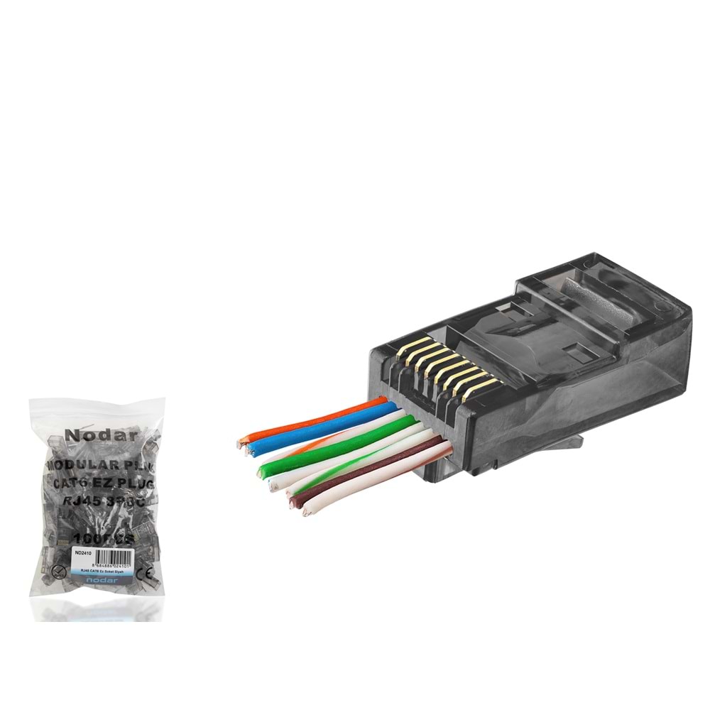 NODAR ND2410 CAT6 EZ RJ45 Konnektör 100 Adet Plastik Kutu - Siyah