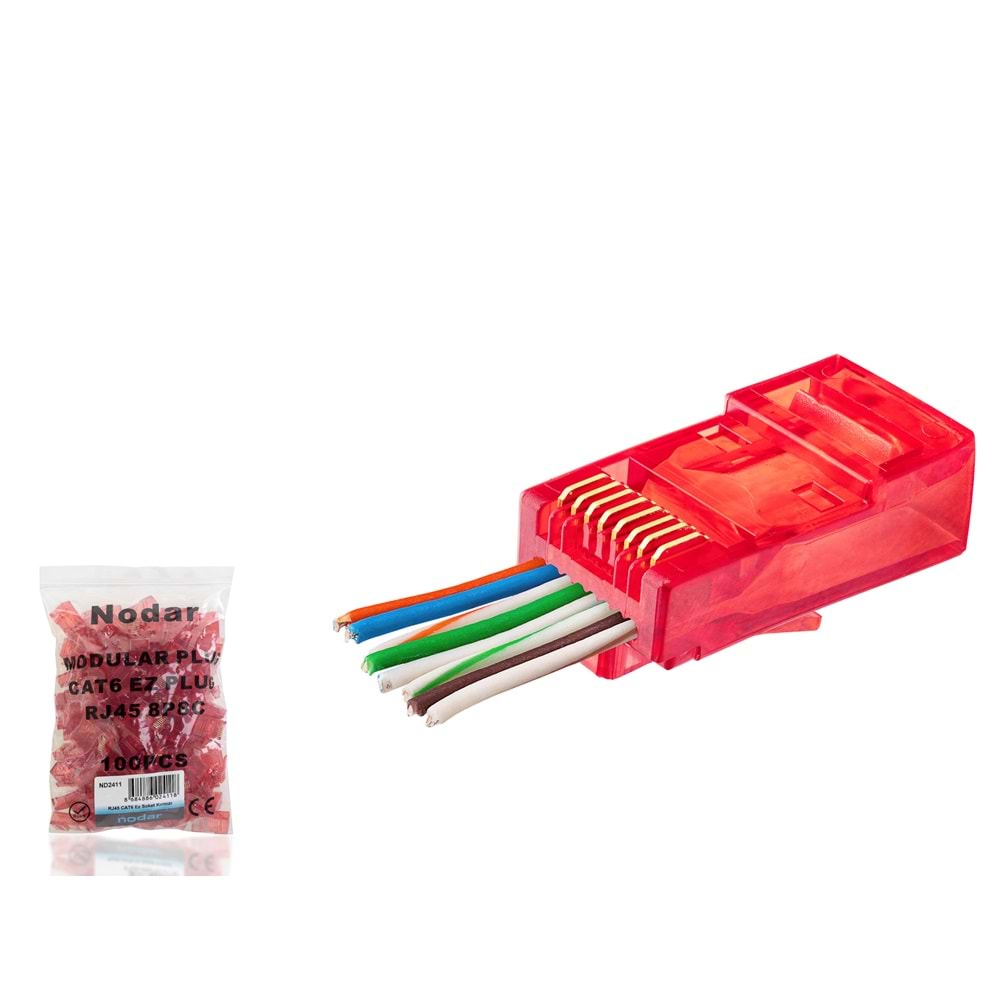 NODAR ND2411 CAT6 EZ RJ45 Konnektör 100 Adet Plastik Kutu - Kırmızı