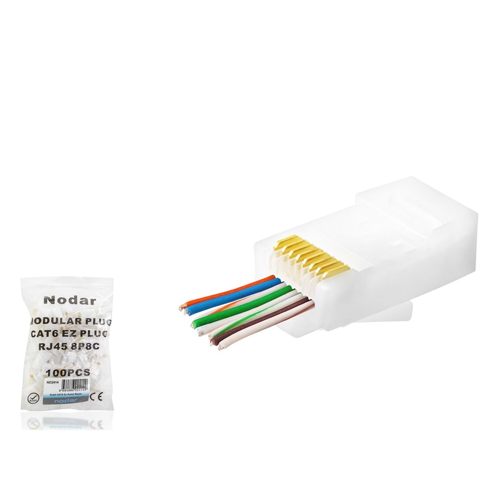 NODAR ND2414 CAT6 EZ RJ45 Konnektör 100 Adet Plastik Kutu - Beyaz