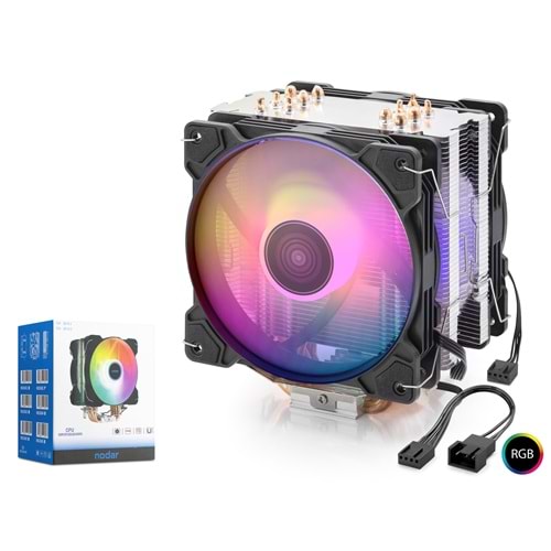 NODAR ND2602 CPU İşlemci Kule Tipi Soğutucu Çift Fanlı 6 Bakır Borulu RGB - Siyah