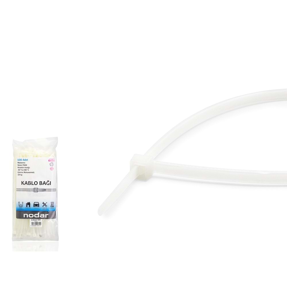 NODAR ND4807B Kablo Bağı 4.8 x 200 mm 100'lü Paket - Beyaz