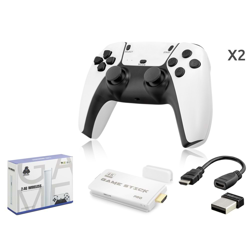 NODAR ND764 Retro Oyun Stick HDMI Çift GamePad Seti 64 GB Kart Destekli 2.4G Kablosuz - Beyaz