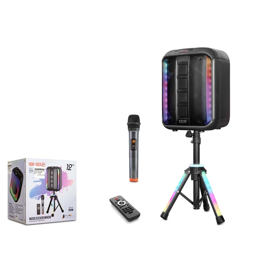 NDR NDR102A Bluetooth Karaoke Hoparlör FM 12 LED’li Mikrofonlu Kumandalı Tripod Ayaklı 37 x 33 x 48.5-79.7 cm - Siyah