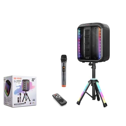 NDR NDR102A Bluetooth Karaoke Hoparlör FM 12 LED’li Mikrofonlu Kumandalı Tripod Ayaklı 37 x 33 x 48.5-79.7 cm - Siyah