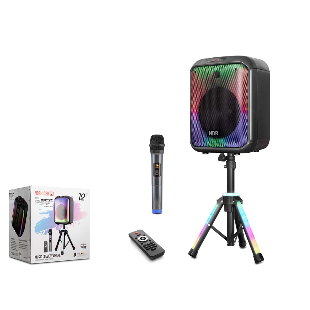 NDR NDR102B Bluetooth Karaoke Hoparlör FM 12 LED’li Mikrofonlu Kumandalı Tripod Ayaklı 37 x 33 x 48.5-79.7 cm - Siyah