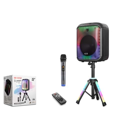 NDR NDR102B Bluetooth Karaoke Hoparlör FM 12 LED’li Mikrofonlu Kumandalı Tripod Ayaklı 37 x 33 x 48.5-79.7 cm - Siyah