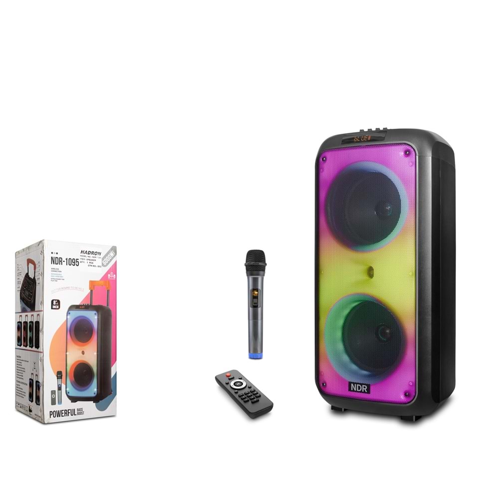 NDR NDR1095 Bluetooth Karaoke Hoparlör FM 2 x 8 LED’li Mikrofonlu Kumandalı 28 x 28.2 x 59 cm - Siyah