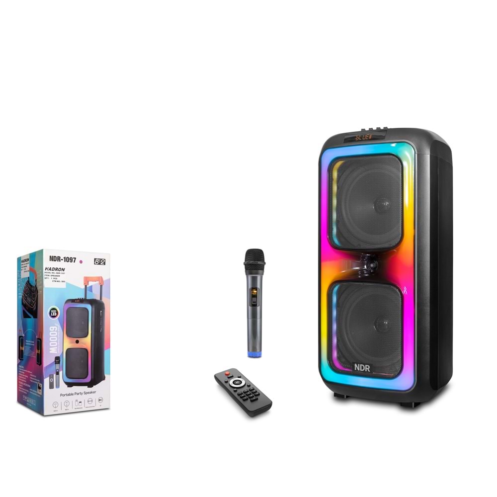 NDR NDR1097 Bluetooth Karaoke Hoparlör FM 2 x 8 LED’li Mikrofonlu Kumandalı 28 x 28.2 x 59 cm - Siyah