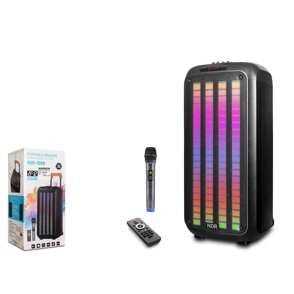 NDR NDR1098 Bluetooth Karaoke Hoparlör FM 2 x 8 LED’li Mikrofonlu Kumandalı 28 x 28.2 x 59 cm - Siyah