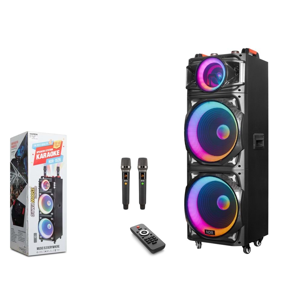 NDR NDR1526 Bluetooth Kabin Hoparlör FM 2 x 15 LED’li Çift Mikrofonlu Kumandalı 42 x 42 x 121.5 cm - Siyah