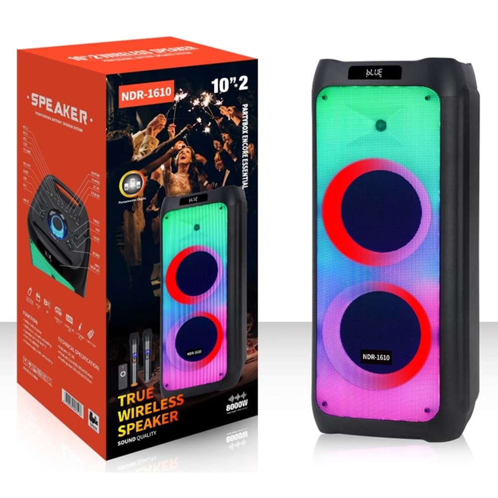 NDR NDR1610 Bluetooth Karaoke Hoparlör FM 2 x 10 LED’li Çift Mikrofonlu Kumandalı 35 x 35 x 87 cm - Siyah