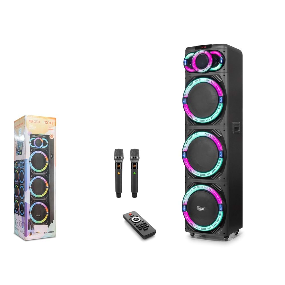 NDR NDR3270 Bluetooth Kabin Hoparlör FM 3 x 12 LED’li Çift Mikrofonlu Kumandalı 40 x 38 x 157.4 cm - Siyah