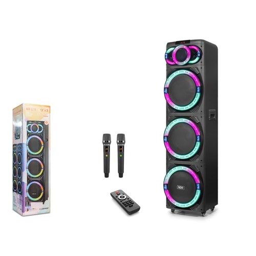 NDR NDR3270 Bluetooth Kabin Hoparlör FM 3 x 12 LED’li Çift Mikrofonlu Kumandalı 40 x 38 x 157.4 cm - Siyah