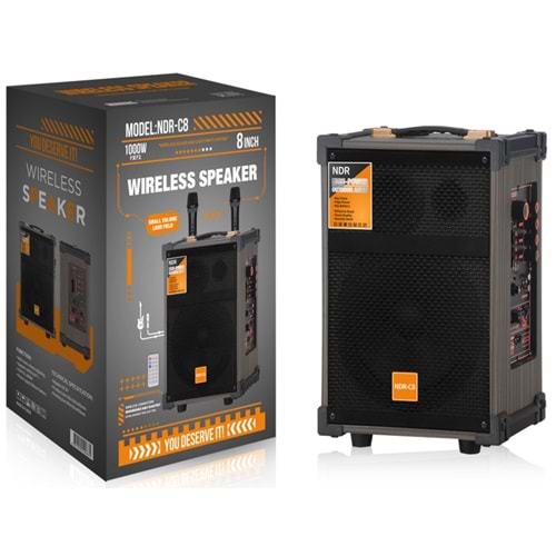 NDR NDRC08 Bluetooth Karaoke Hoparlör FM 8 Çift Mikrofonlu Kumandalı 25.5 x 25.5 x 42 cm