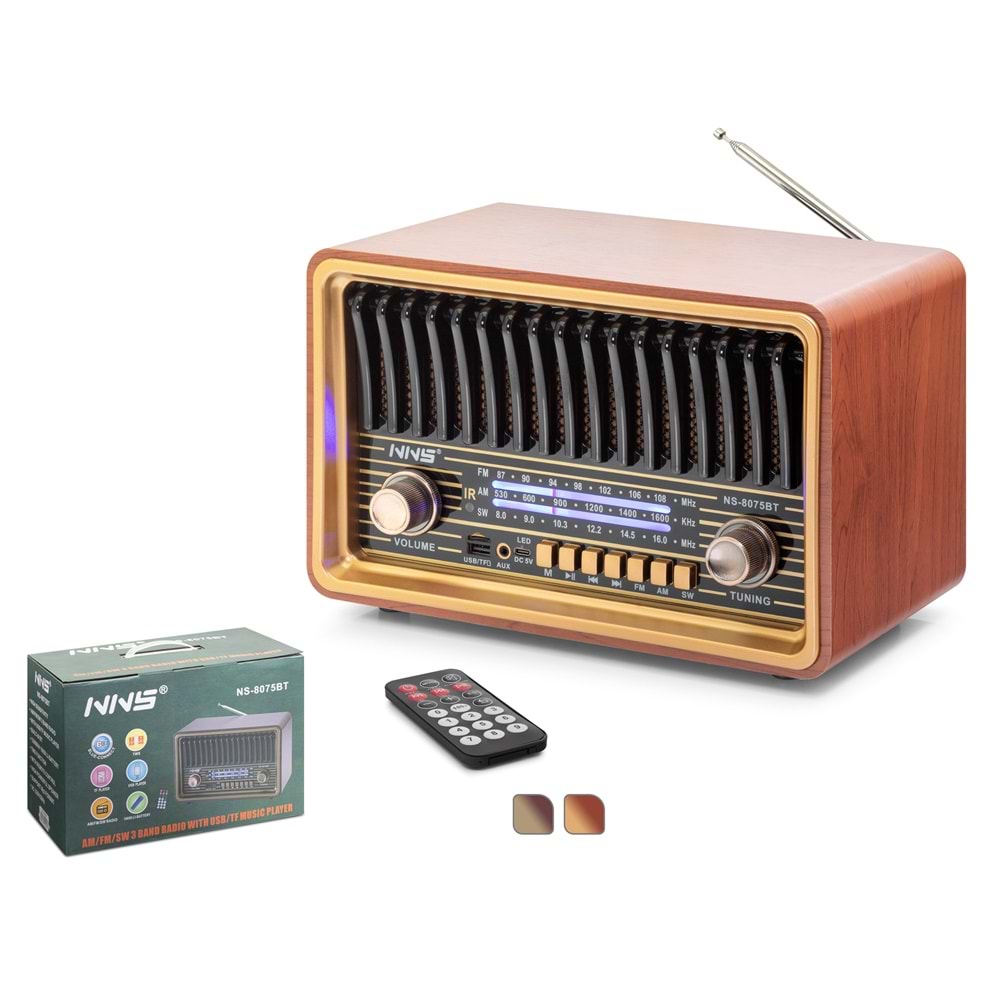 NNS NS8075BT Bluetooth Nostaljik Hoparlör FM Kumandalı 30 x 16 x 18.8 cm