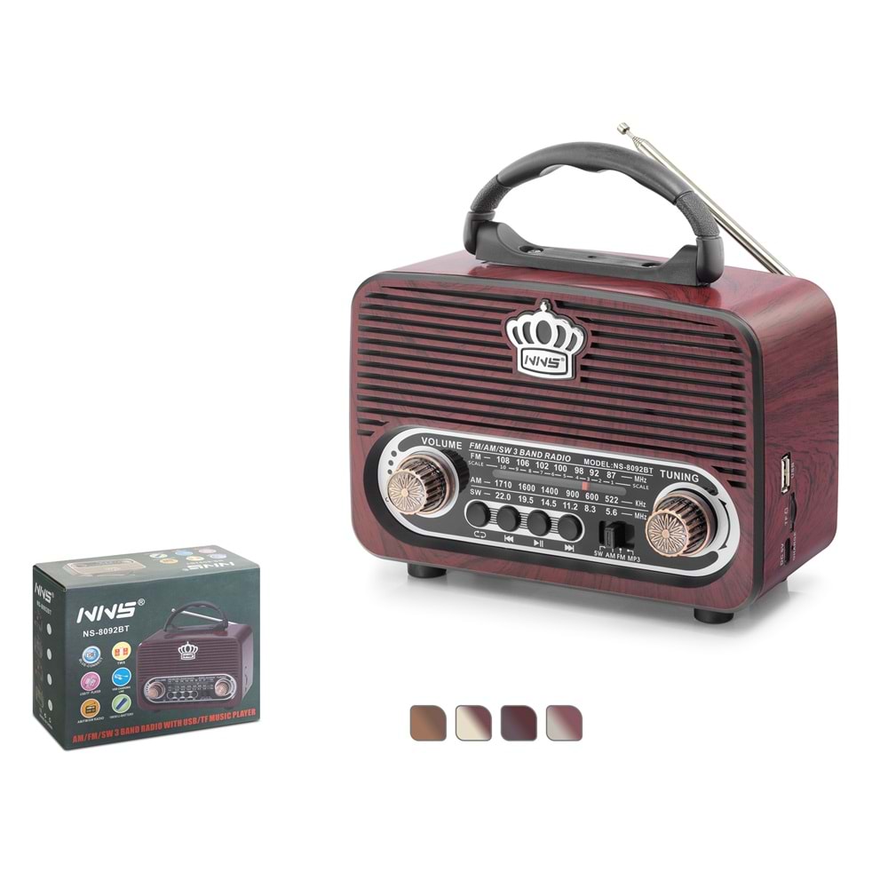 NNS NS8092BT Bluetooth Nostaljik Hoparlör FM 18 x 9.6 x 13.8 cm