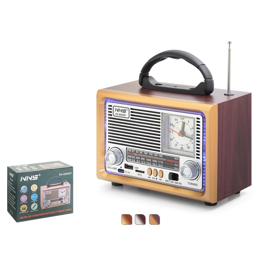 NNS NS8890BT Bluetooth Nostaljik Hoparlör FM Retro Saatli 20 x 10.2 x 14.5 cm