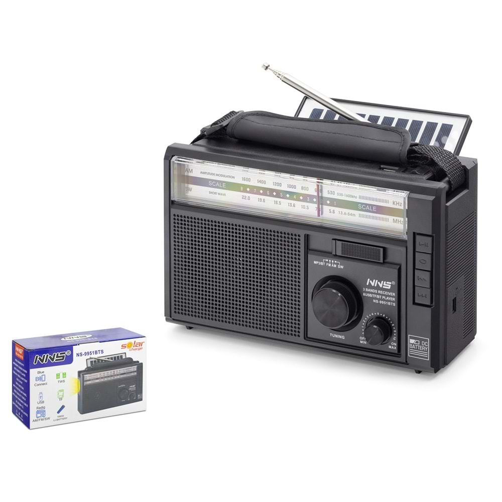 NNS NS9951BTS Bluetooth Solar Panelli FM Radyo USB TF Nostaljik Hoparlör - Siyah