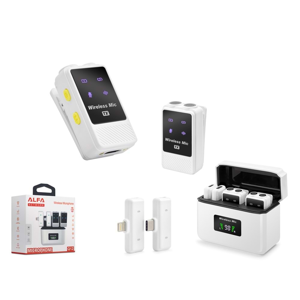 HADRON Q12 Type-C + Lightning Kablosuz 2’li Yaka Mikrofonu Dijital Ekranlı Şarj Kutulu - Beyaz