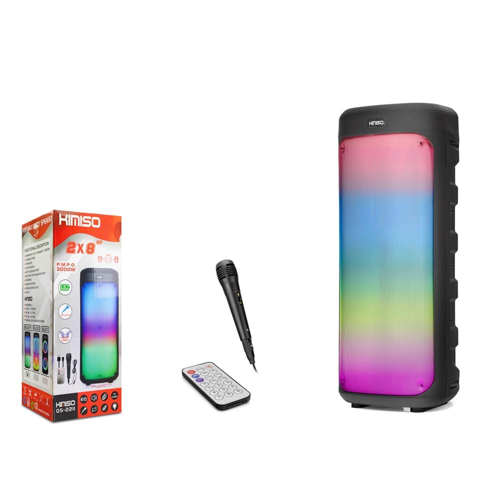 KIMISO QS2211 Bluetooth Karaoke Hoparlör FM 2 x 8 LED’li Mikrofonlu Kumandalı 27 x 25.8 x 73 cm - Siyah
