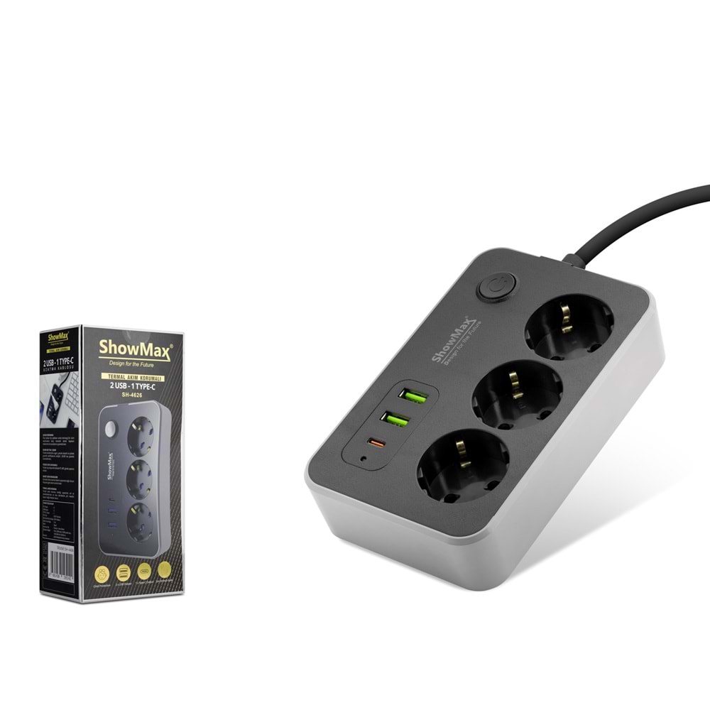 SHOWMAX SH4626 Termal Akım Korumalı Uzatma Kablosu 3 Priz 2 USB Type-C Anahtarlı 2 m - Siyah