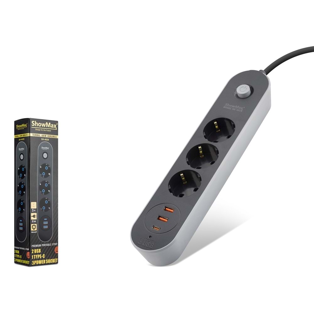 SHOWMAX SH4628 Termal Akım Korumalı Uzatma Kablosu 3 Priz + 2x USB + Type-C Anahtarlı 2 m - Siyah